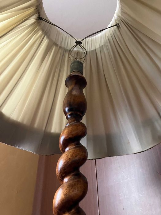 Lampa stojąca podłogowa egzotyczne drewno abażur PRL