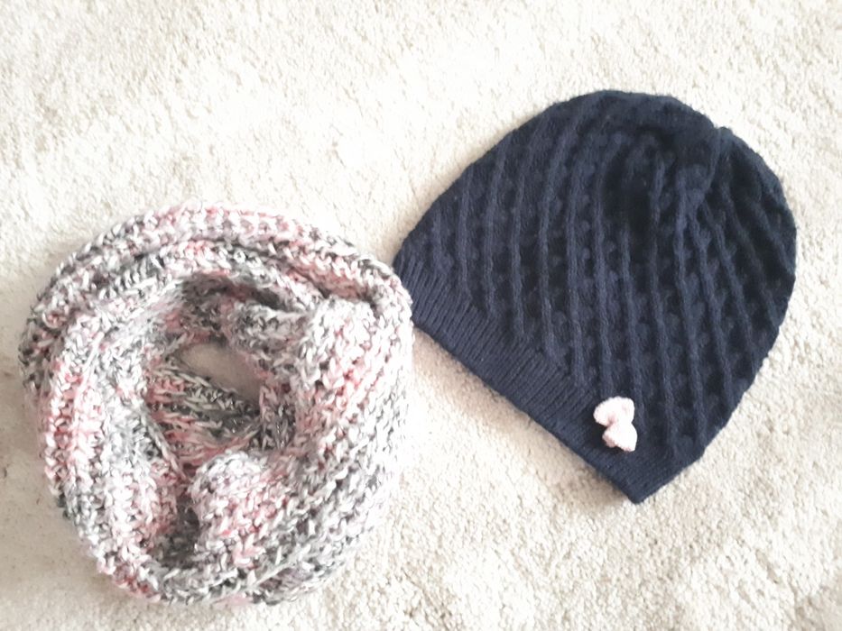 Czapka szalik komin wiosna granat róż komplet dziewczynka 116 122