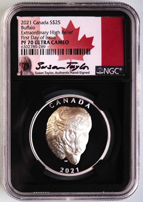 Moeda Prata 2021 $25 Canada Buffalo 1 oz NGC PF70 UC alto relevo