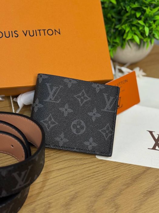 Набір Louis Vuitton чорний ремінь + гаманець Lv набор Луи Витон Лв | Набор Луї Вітон чоловічий чорний пасок Лв 105 см ремінь Louis Vuitton чорний