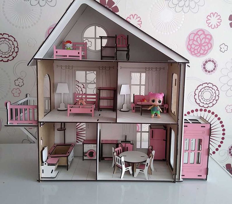 Будиночок для ляльок LOL рожевий ХДФ з меблями на 5 кімнат 3 поверхи