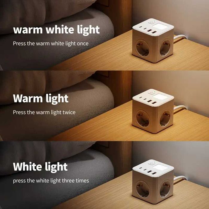 Подовжувач-куб мережевий 8-в-1 з 4 USB PD LED-лампа 3 розетки 2500W