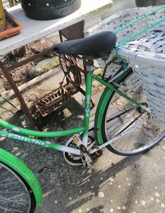 Bicicleta verde com alforge antigo