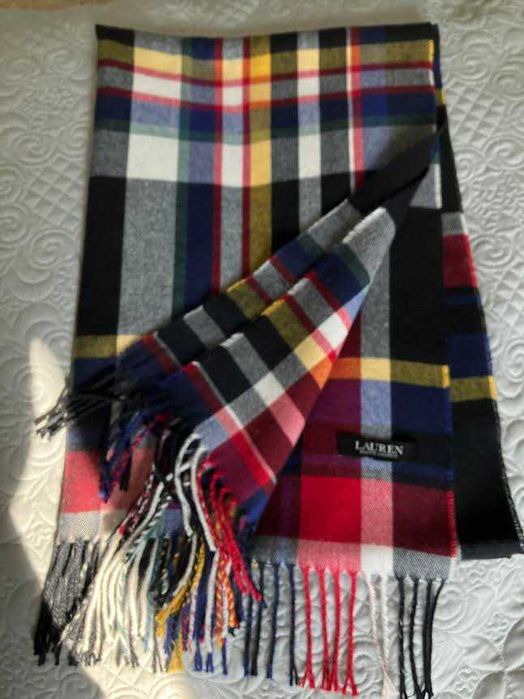 Lauren Ralph Lauren nowy duży szal w kratę unisex 63x190 cm