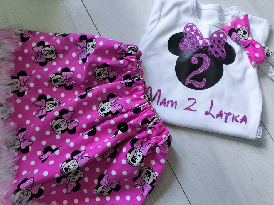 Komplet tiulowy różowy Minnie miś na roczek dziewczynki
