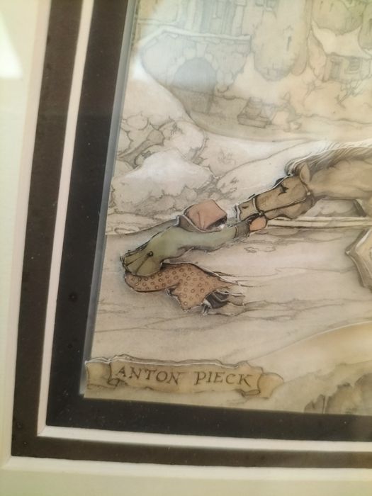Vintage obraz 3D Anton Pieck Wóz na oblodzonym moście