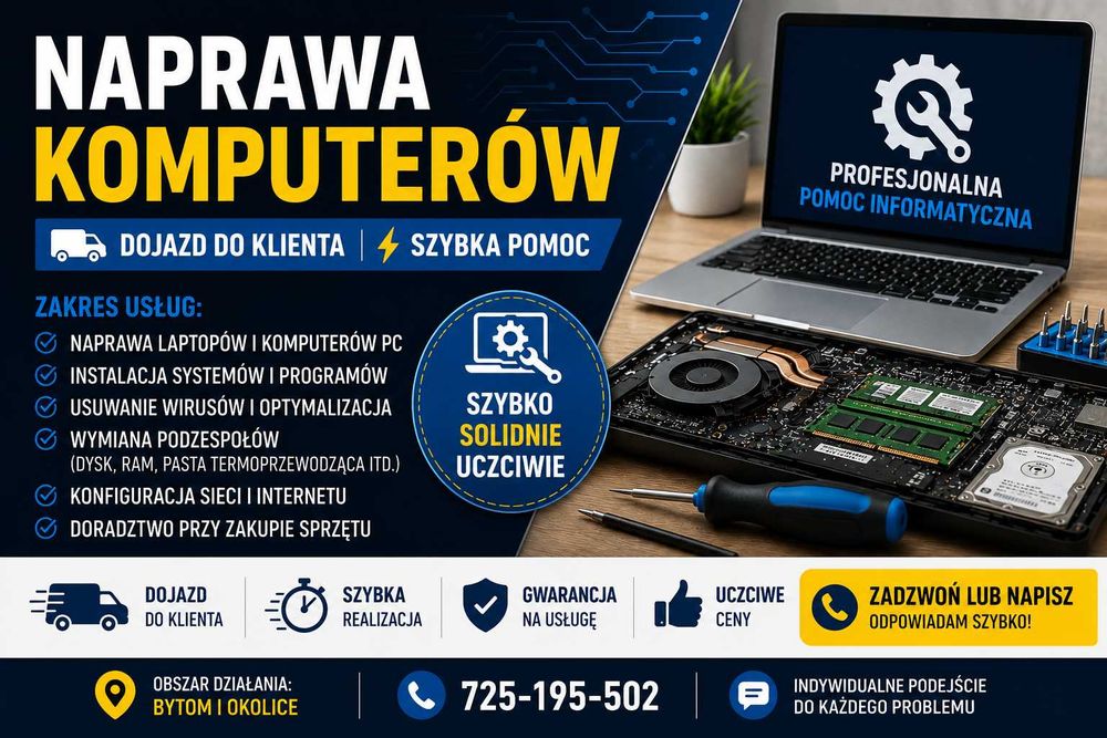 Naprawa komputerów, laptopów itp. Pomoc informatyczna