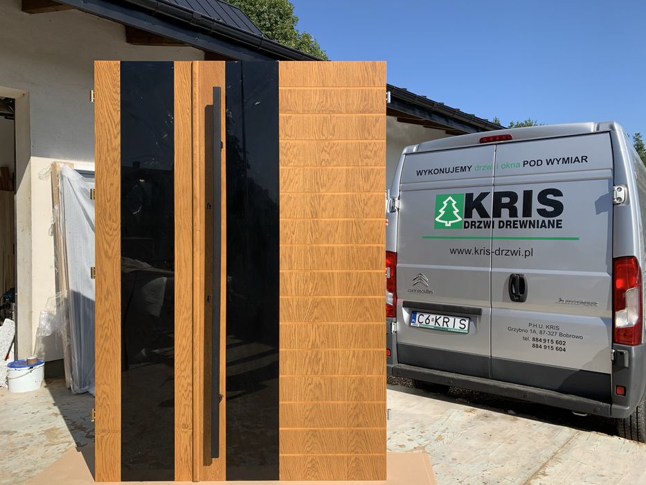 Drzwi zewnętrzne drewniane Dwuskrzydłowe NA każdy wymiar Czarna szyba