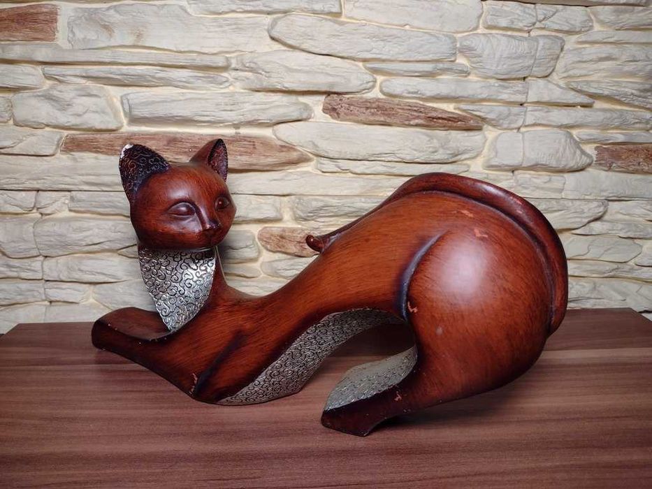 *_* Rzeźba sfinksy 2 koty drewno dębowe, srebrne akcenty figurek