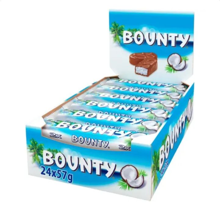 Снікерс 50,112 грам, баунті 57 грам