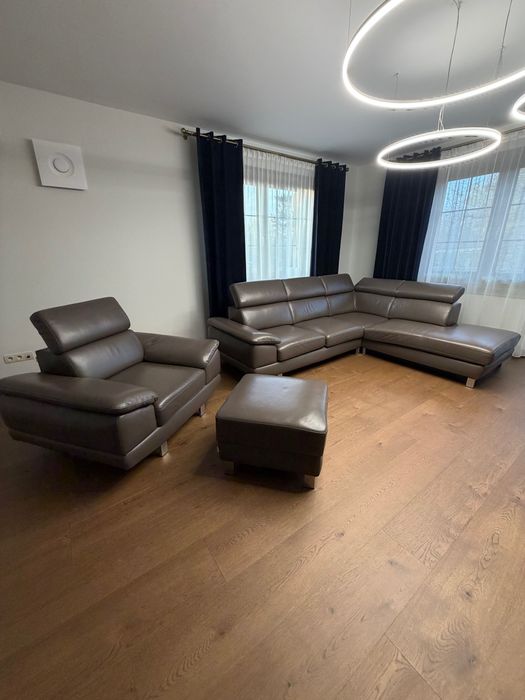Zestaw wypoczynkowy skórzany - narożnik, fotel, pufa