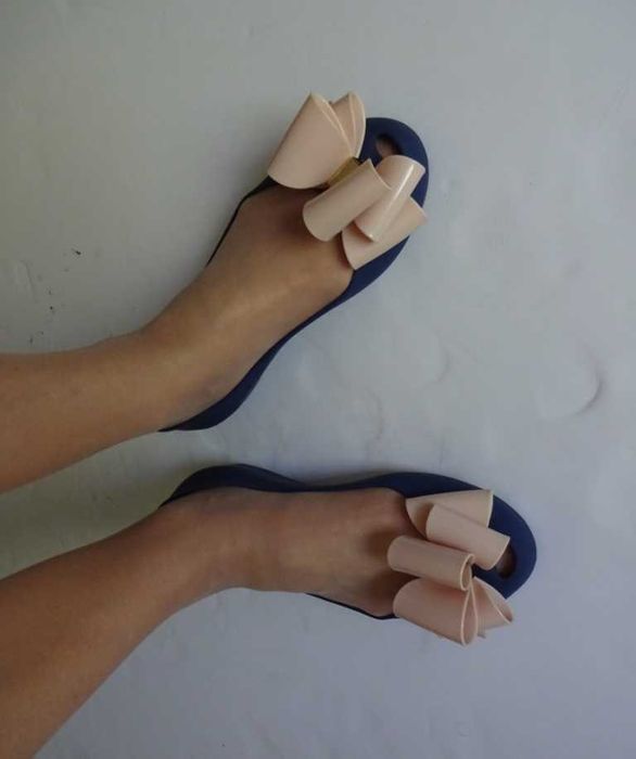 Baleriny Granatowe Z Kokardą Dużą Łososiową - Markowe Meliski 40/41