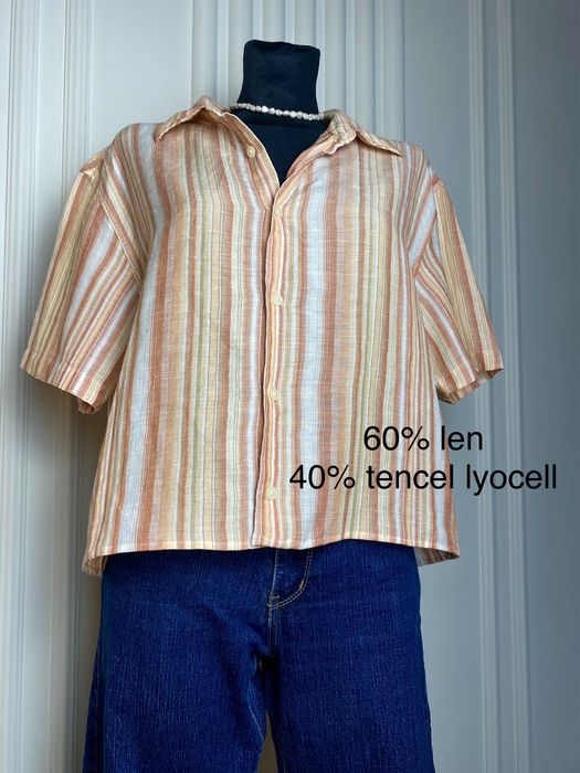Koszula krótka beżowa w paski 40 L Calvin Klein len lyocell na wiosne