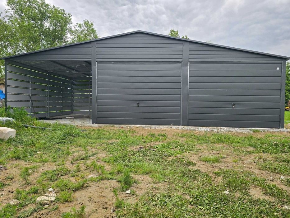Garaż Blaszany z Wiatą Profil OCYNK Panele Antracyt Mat