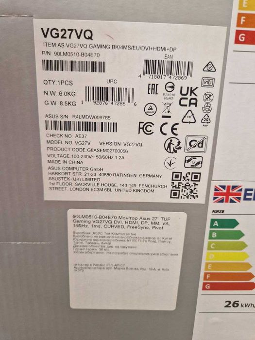 Монітор 27" ASUS TUF Gaming VG27VQ як новий з коробкою, гарантія