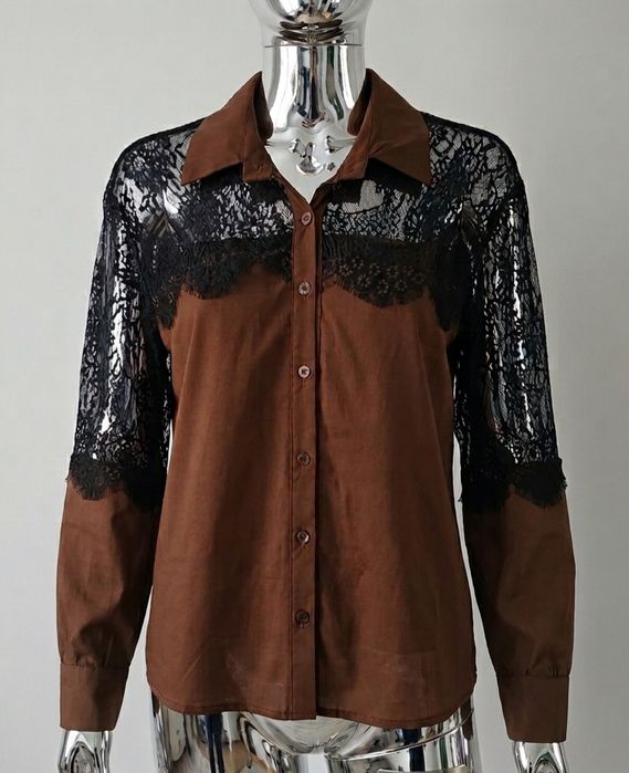 Włoska czekoladowa koszula z koronką oversize 44 46 48