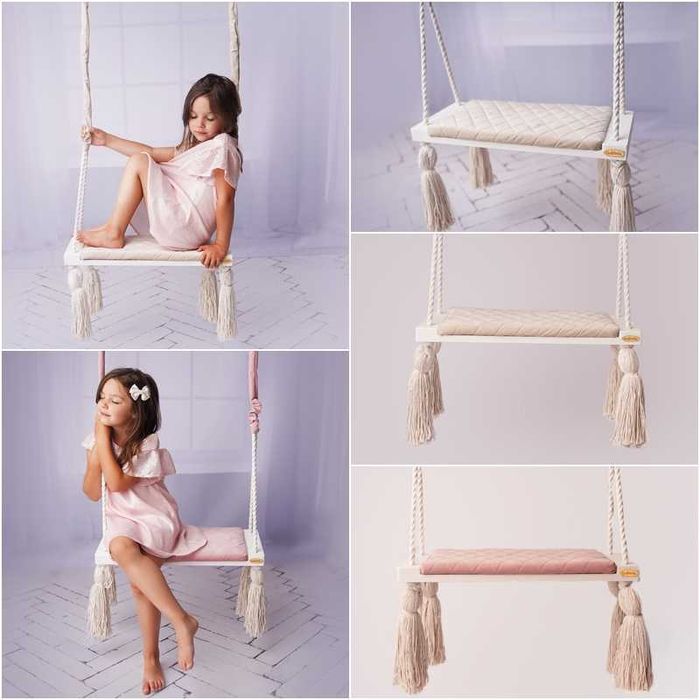 Huśtawka dla dzieci, drewniana zabawka dziecięca, szara, różowa, beż