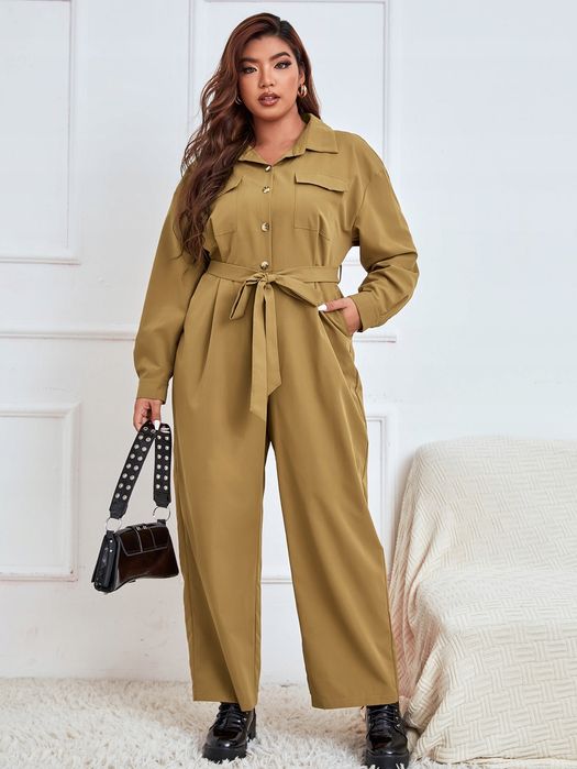 Kombinezon Koszulowy Z Kieszeniami Brązowy Casual Shein Xxl 44