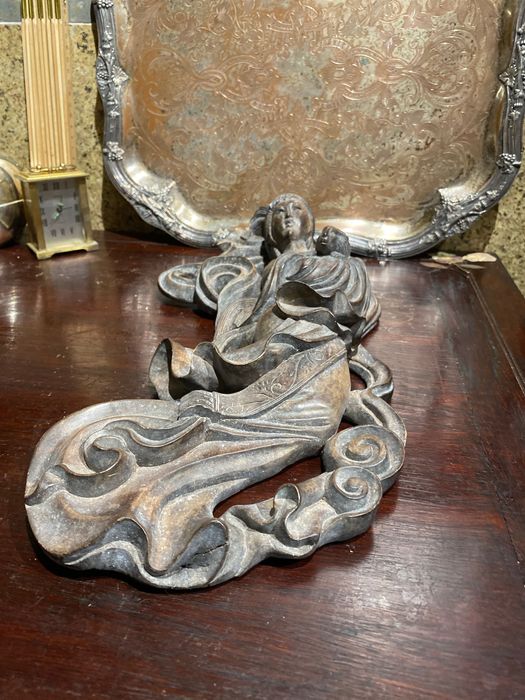 Escultura Madeira Huanghuali Deusa Chinesa Chang Séc XIX 36 cm