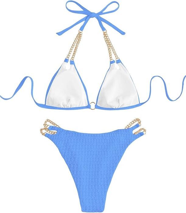 Bikini damskie glamour - złote łańcuszki - niebieskie S