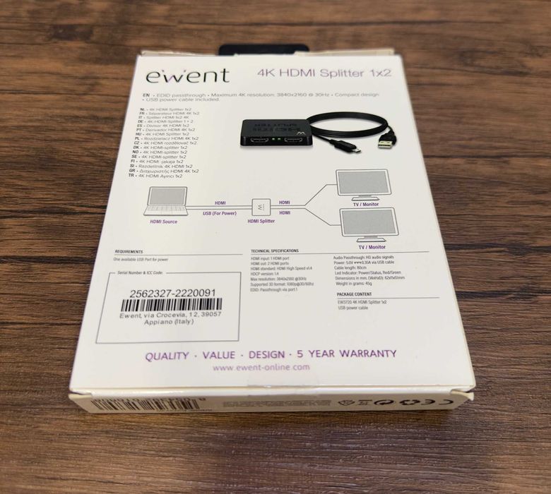 Splitter HDMI 4K 1x2 EWENT – NOVO