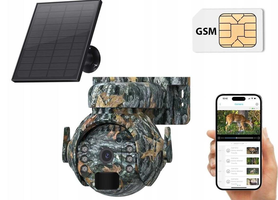 Fotopułapka Kamera Leśna Obrotowa GSM LTE SOLAR 4G SIM podgląd na tel