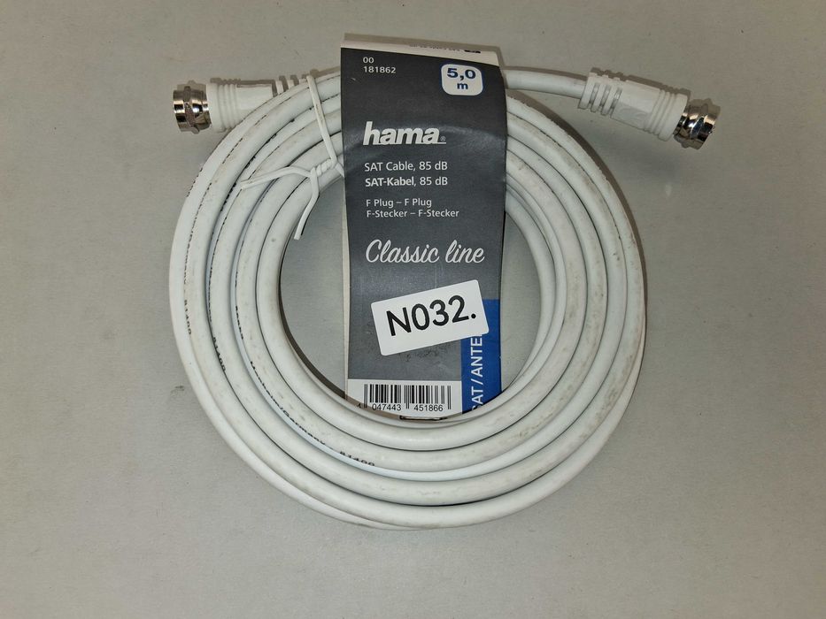N032 Kabel SAT Hama Classic Line 5,0m 85dB Wtyk F Męski Biały Nowy