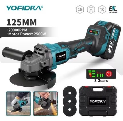 Szlifierka kątowa bezszczotkowa YOFIDRA 125mm!! 3 biegi!! Akumulatorowa!! Dwie baterie!! Box plastikowy!!