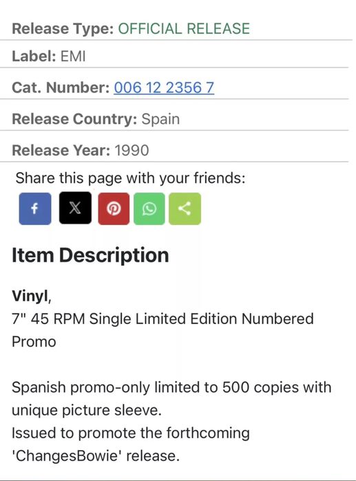 Promo David Bowie - Ashes to Ashes / Starman 7/45 Cadena Ser