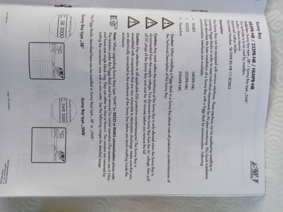 Interface RS485 para inversores SMA Sunny Boy 1ª geração