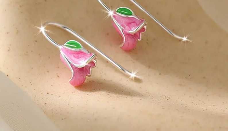 Серебрянные серьги гвоздики розовый тюльпан (925)
