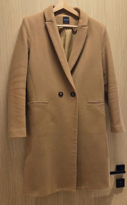 Jasnobrązowy/karmelowy klasyczny płaszcz wełniany Promod 38