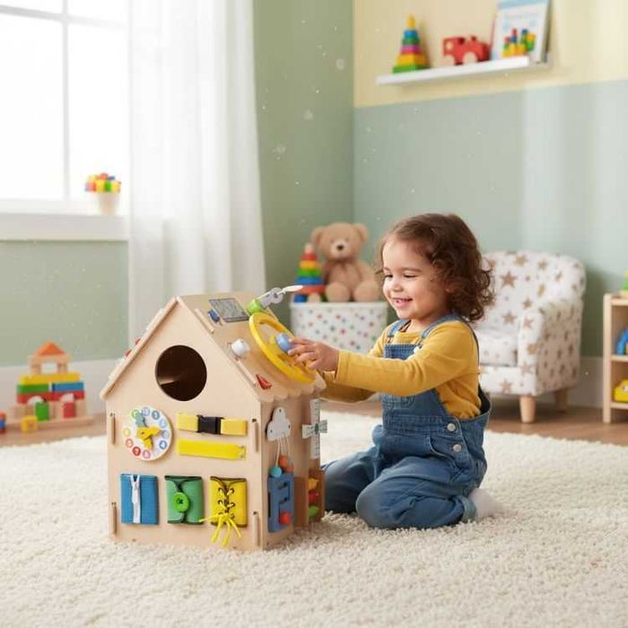 Drewniany domek manipulacyjny dla dzieci panel edukacyjny XXL 30 ele
