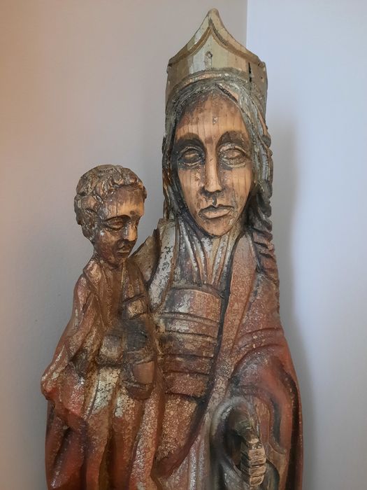 Stara duża drewniana figurka 75,5cm Matka Boska z dzieciątkiem rzeźba