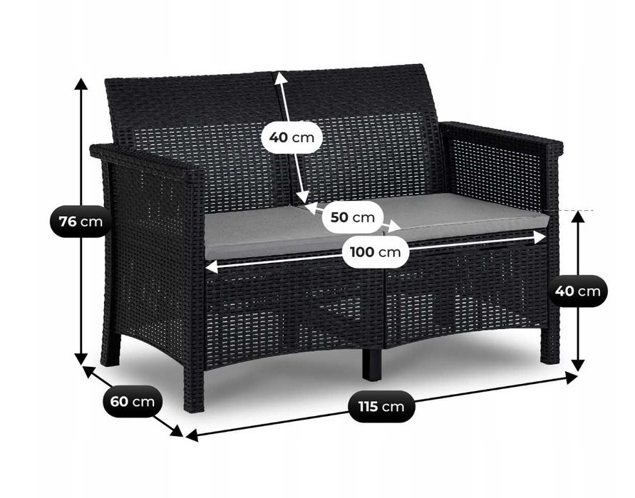 Комплект садових меблів,чорний техноратанг MEBEL ELITE BRENTA ME.BRENTA/CZ/RT/OGR/ZES 2-місний диван, 2 крісла, стіл