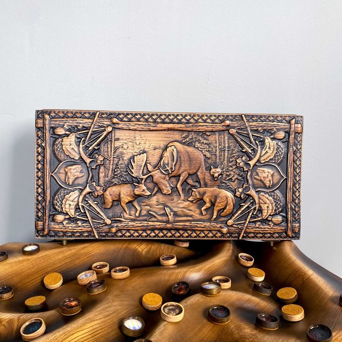 Нарди  з дерева, охота, лосі в лісі на Подарунок від Виробника