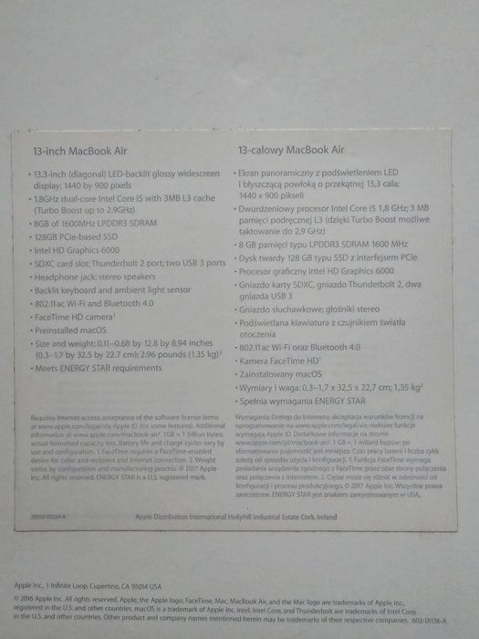 Apple MacBook Air 13 2017 , stan idealny