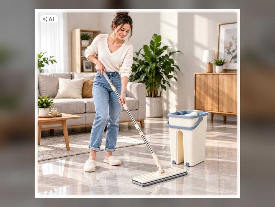 Nowy Mop Płaski Z Wiadrem Dwukomorowym Wyciskacz 2 Wkłady 120 Cm
