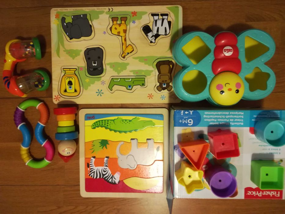 Zestaw zabawek eduka Fisher price motylek sorter puzzle drewniane Goki
