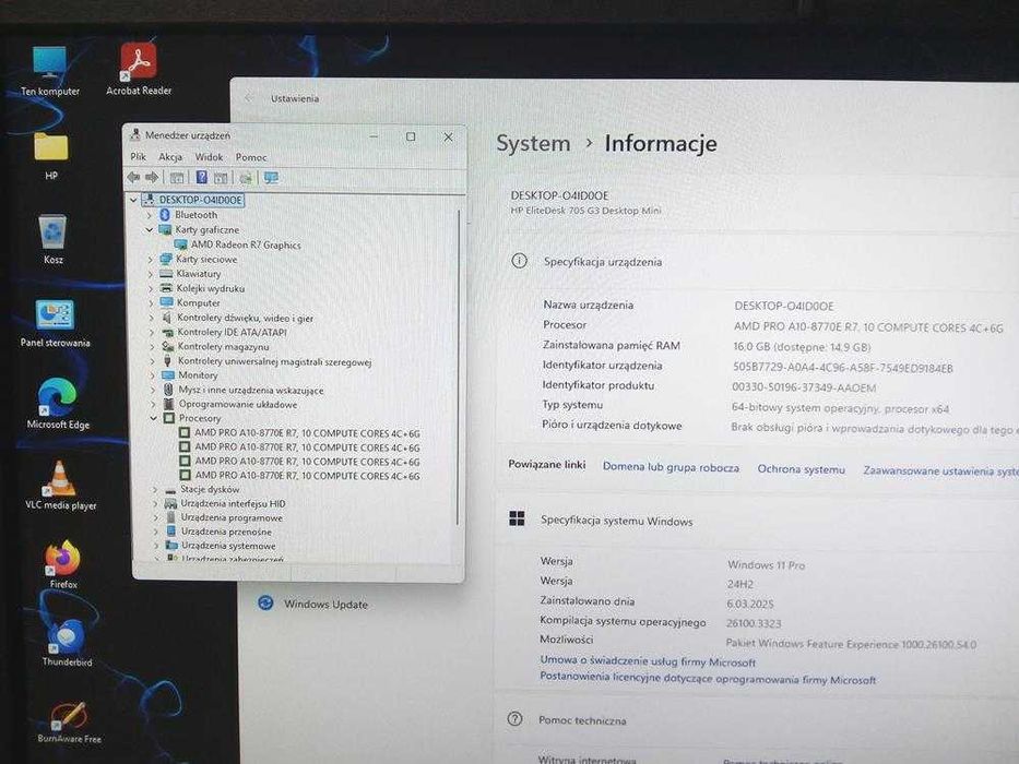 Komputer Używany Hp Mini 705 G3 AMD 16GB 128 SSD Win11 Radeon Gwar FV