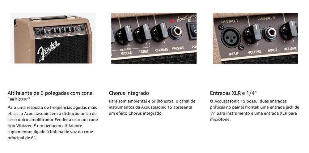 Fender Acoustasonic 15, amplificador combinado para guitarra acústica, 15 W, cor castanho, entrada dupla (microfone guitarra)