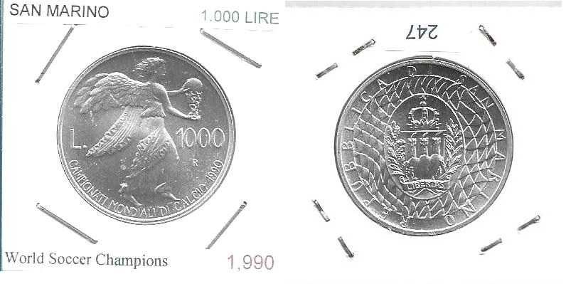 San Marino -  - 1.000 Lire - 1990 - - Futebol 1990 - -- Moeda de Prata