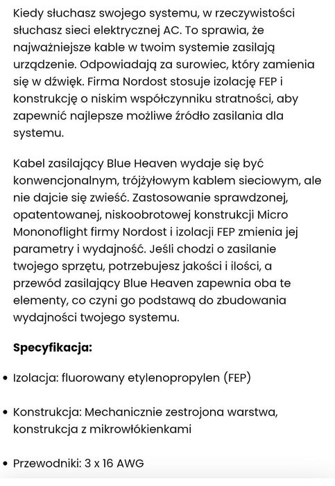 Kabel zasilający NORDOST BLUE HEAVEN 2 m Hi-End