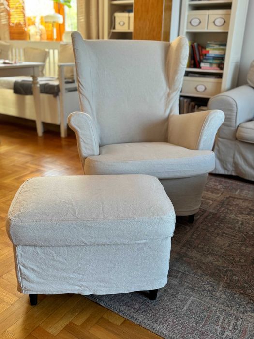 Fotel Strandmon wraz z podnóżkiem IKEA + dodatkowy pokrowiec