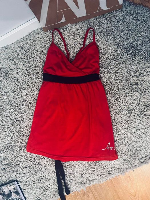M/L piękna czerwona tunika top letni na ramiączkach
