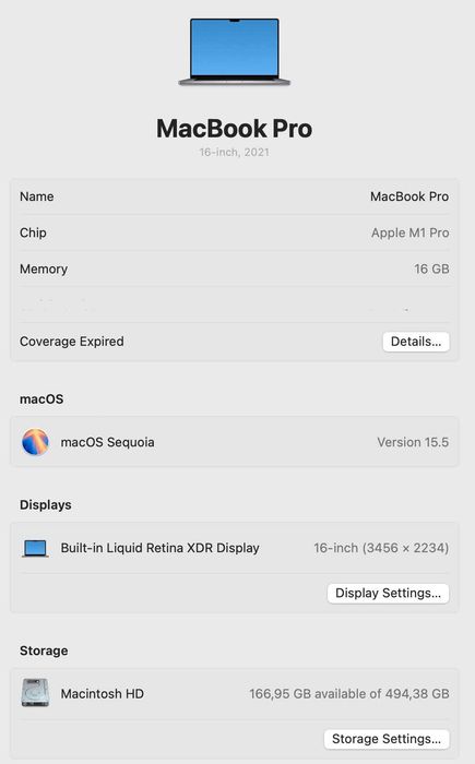 MacBook Pro 16" M1 Pro - 16 GB RAM - 512 GB  SSD