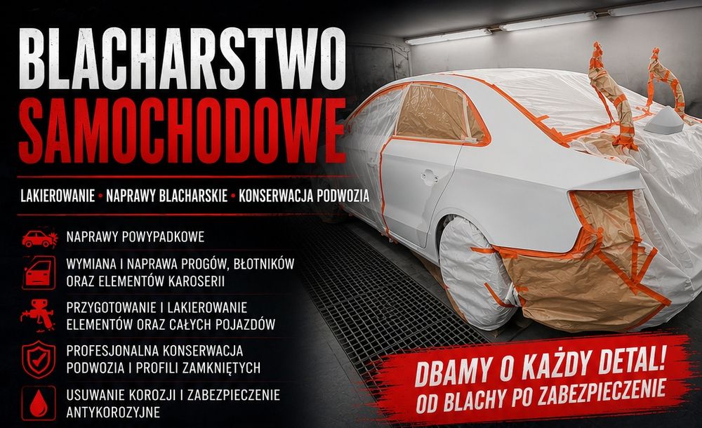 Blacharstwo samochodowe, lakiernictwo, konserwacja podwozia, polerowanie lakieru