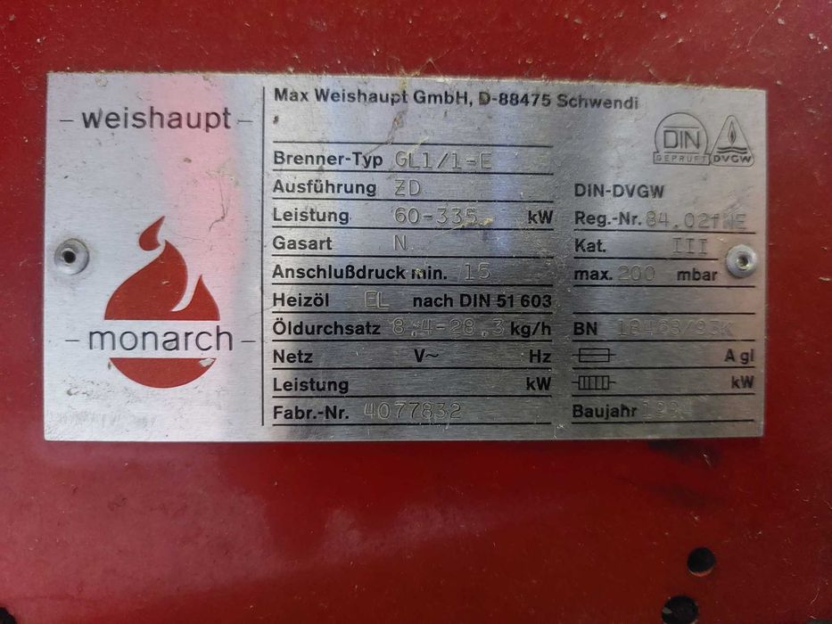 Palnik Weishaupt GL 1 moc 60-335 kW, 1994r