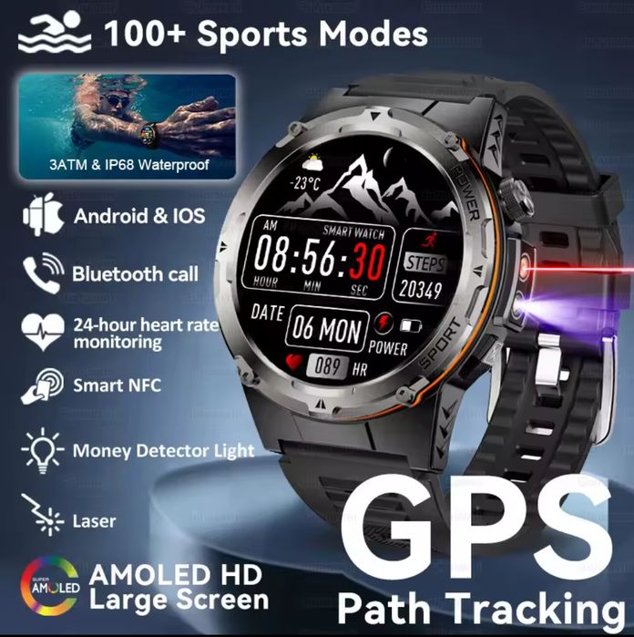 Смарт часы GPS,NFC,500 mAh,AMOLED,лазерный и ультрафиолетовый фонарик.
