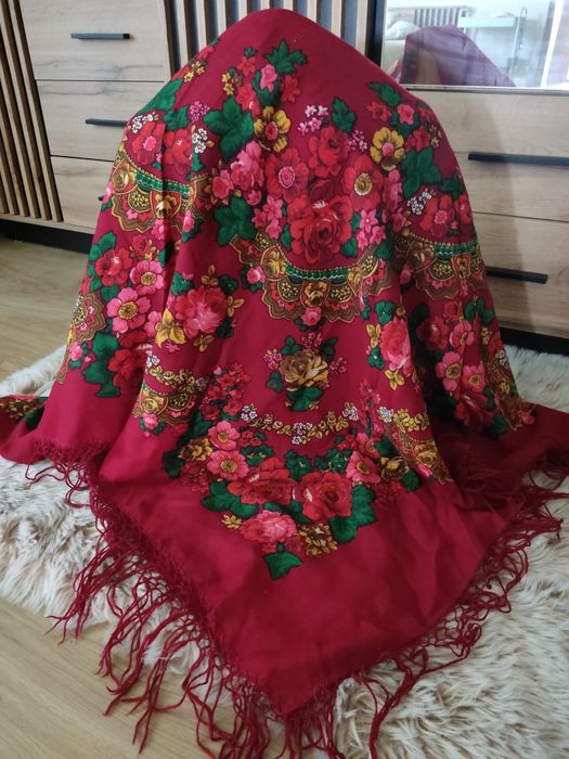 Chusta góralska PRL burgund wielka 150/150 wełna 90's